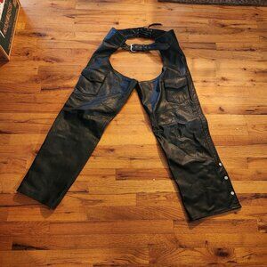 Unisex Leather Black Motorcycle Riding Chaps With Adjustable Waist & Pocket Des